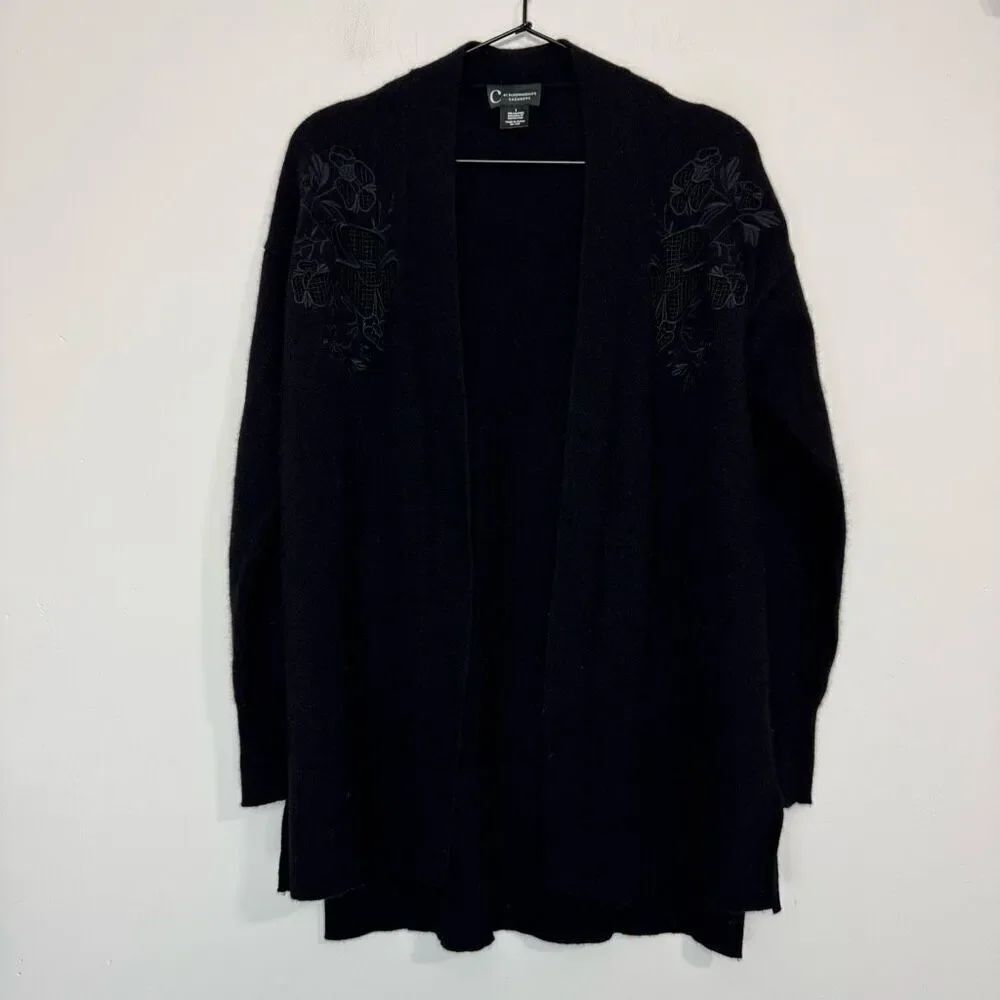 C by Bloomingdale's Cashmere Black Floral Applique Cardigan S